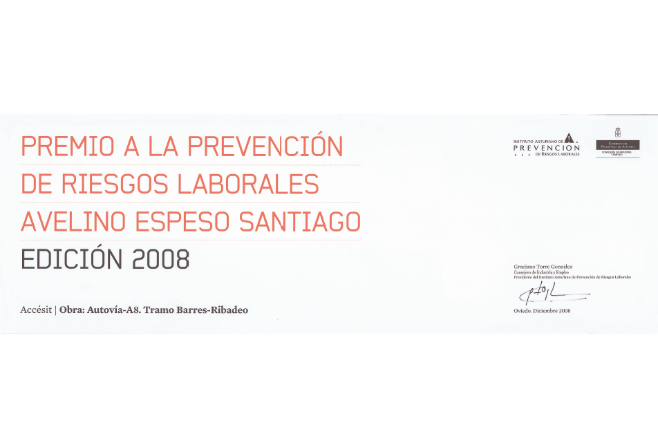 Diploma correspondiente al premio a la prevención de Riesgos Laborales Avelino Espeso Santiago 2008